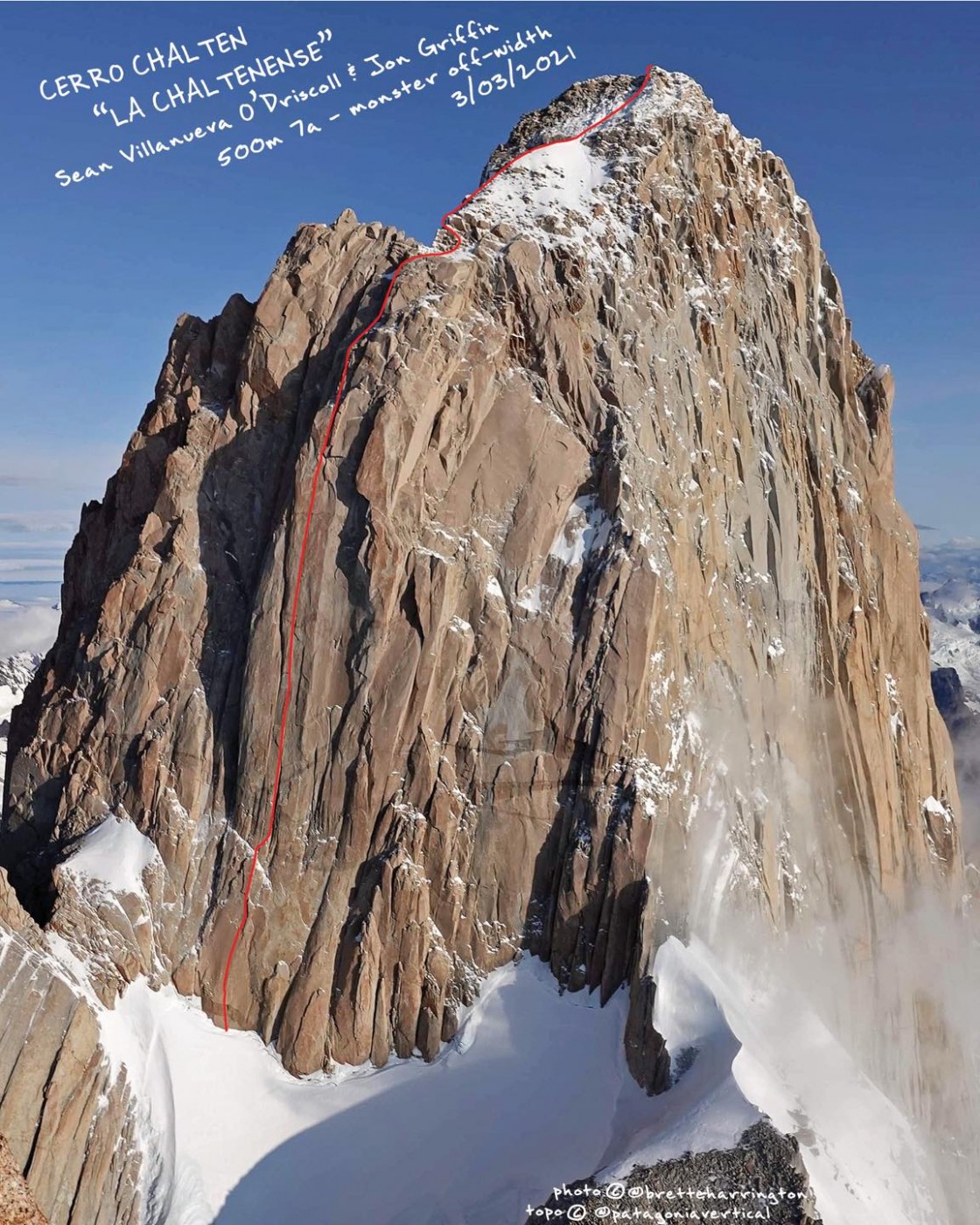 The South Face of Cerro Chalten (Fitz Roy) with the new line of La Chaltenese. Photo/Topo: Brette Harrington/Patagonia_Vertical